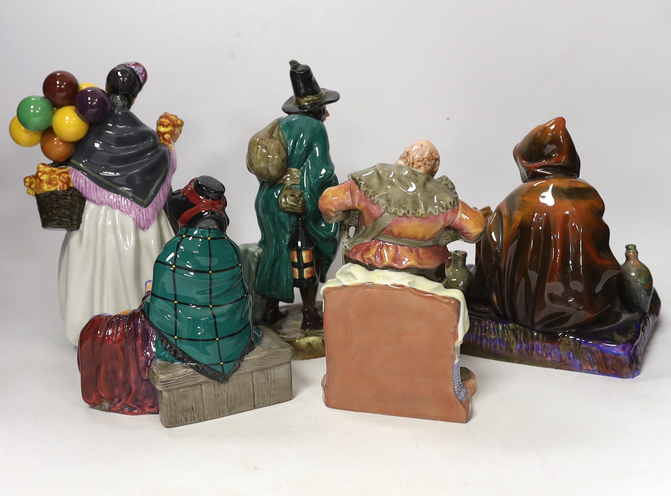 Five Royal Doulton figures, The Potter HN 1493, The Mask Seller, HN 2103, Falstaff HN 2054, Silks and Ribbons HN 2017 and Biddy Penny Farthing HN1843